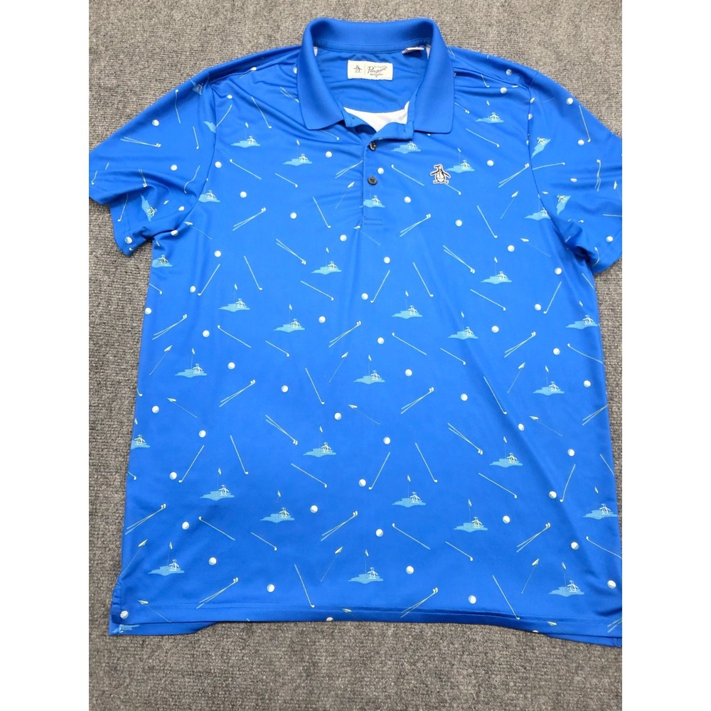 Original Penguin Polo Shirt Men L Blue Geo Print Stretch Golf Logo Munsingwear